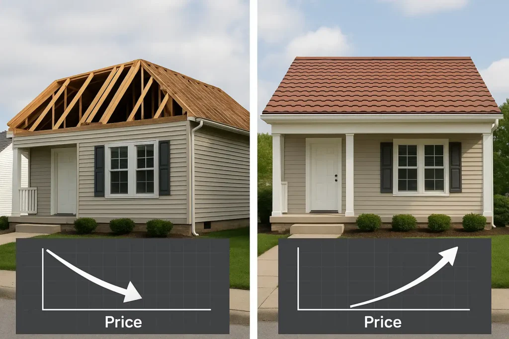 graph of the value of a property without a roof and a house with a new roof