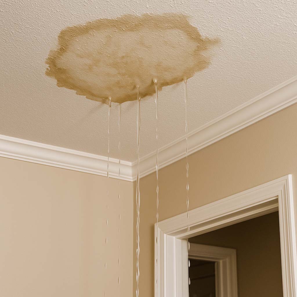 View of the ceiling before professional repair of the roof leak