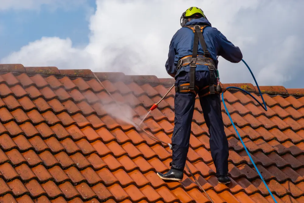 A specialist cleans the roof from dirt
