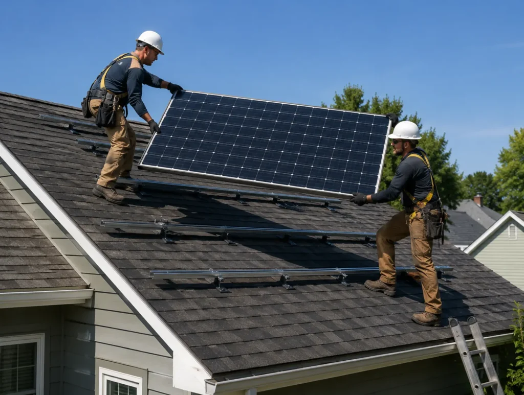 Solar panels installation on an roof