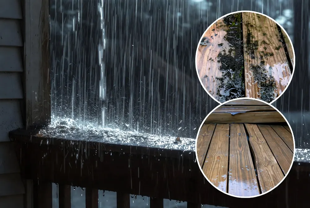 Ain and moisture causing wood rot and mold growth on a deck