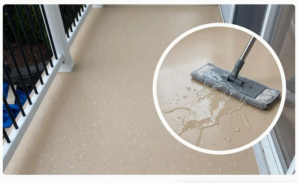 Waterproof vinyl decking is easy to clean with just water