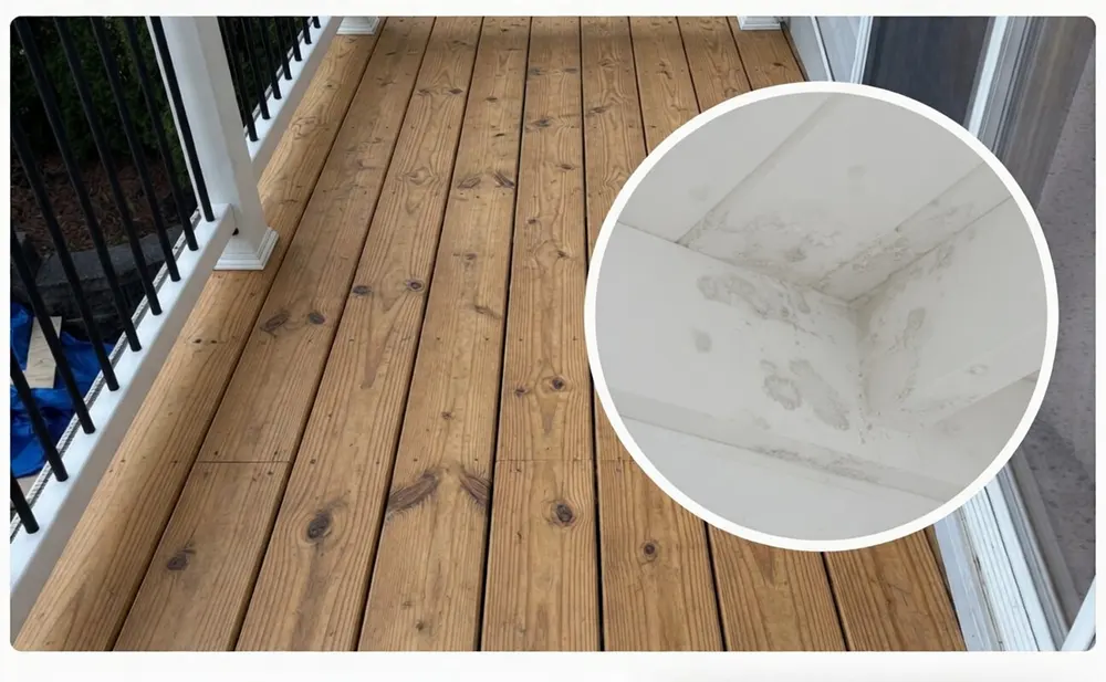 Water leaking through a second-story deck into the ceiling below