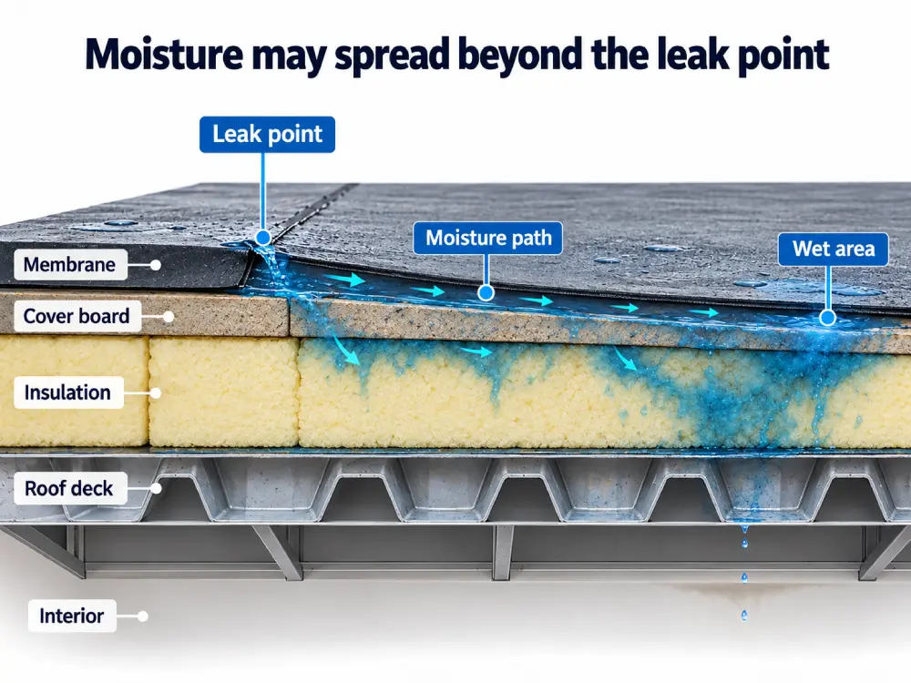 Moisture spreading beneath the roof membrane